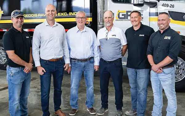 Geddis Paving & Excavating company leadership (from left) Kurt Rasmussen, VP Operations; Benjamin Geddis, CFO/VP; Robert Geddis Jr., Owner; Steve Oliver, President; Richard Crace, VP Estimating; and Kyle Reinhart, PM.